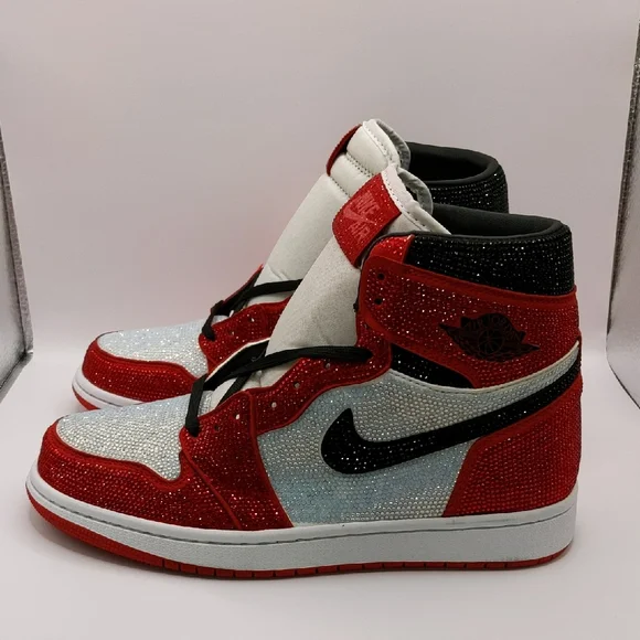 New Custom Crystal Iced Sneakers Red/White/Black Unbranded Bedazzled Sz 6 - Picture 1 of 16